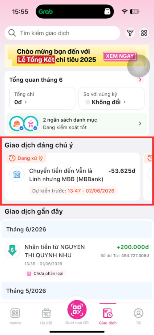 Theo dõi trạng thái giao dịch ở Lịch sử giao dịch