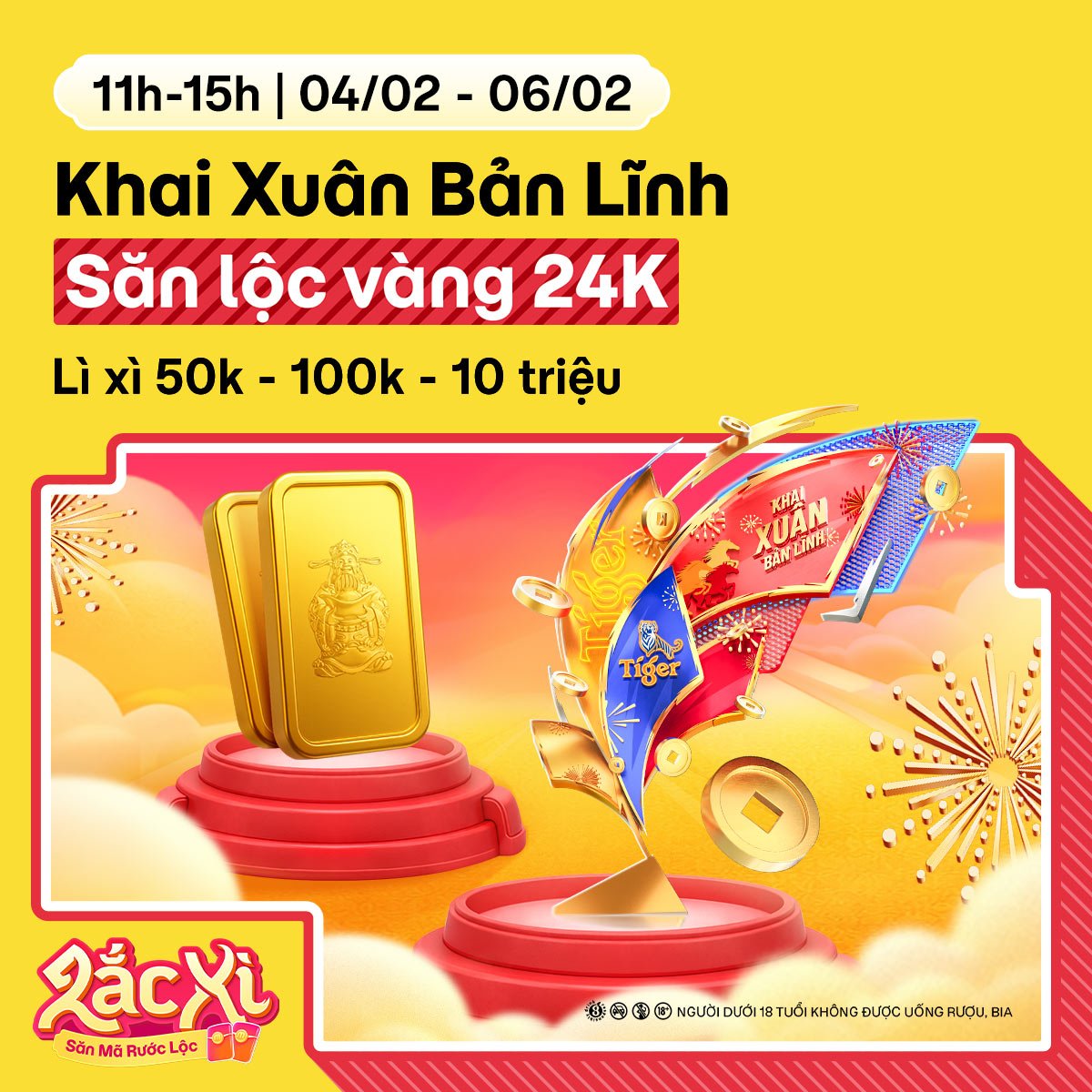 Lắc xì 11h-15h, 04/02 - 06/02: Săn 80 miếng vàng, lì xì 10 triệu và loạt Voucher mua bia Tiger siêu xịn!