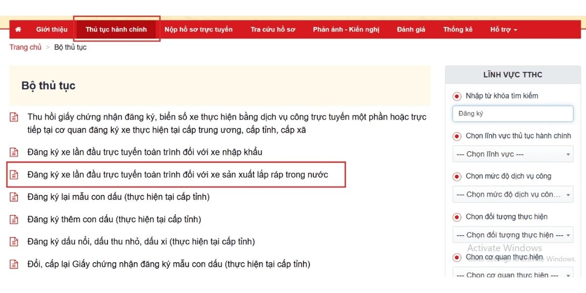 Truy cập trang Cổng dịch vụ công Bộ Công an & chọn Thủ tục hành chính