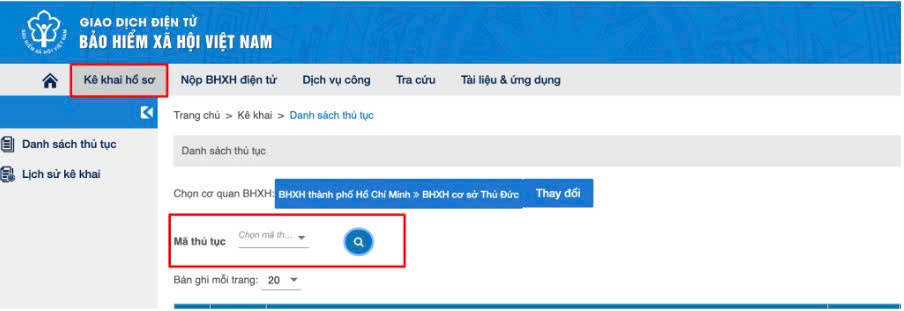 Bước 2 Truy cập mục "Kê khai hồ sơ"