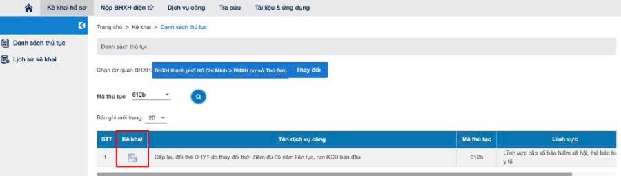 Nhấn vào biểu tượng "Kê khai"