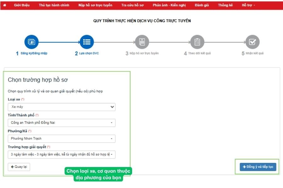 Chọn trường hợp hồ sơ bao gồm Loại xe, cơ quan địa phương,...