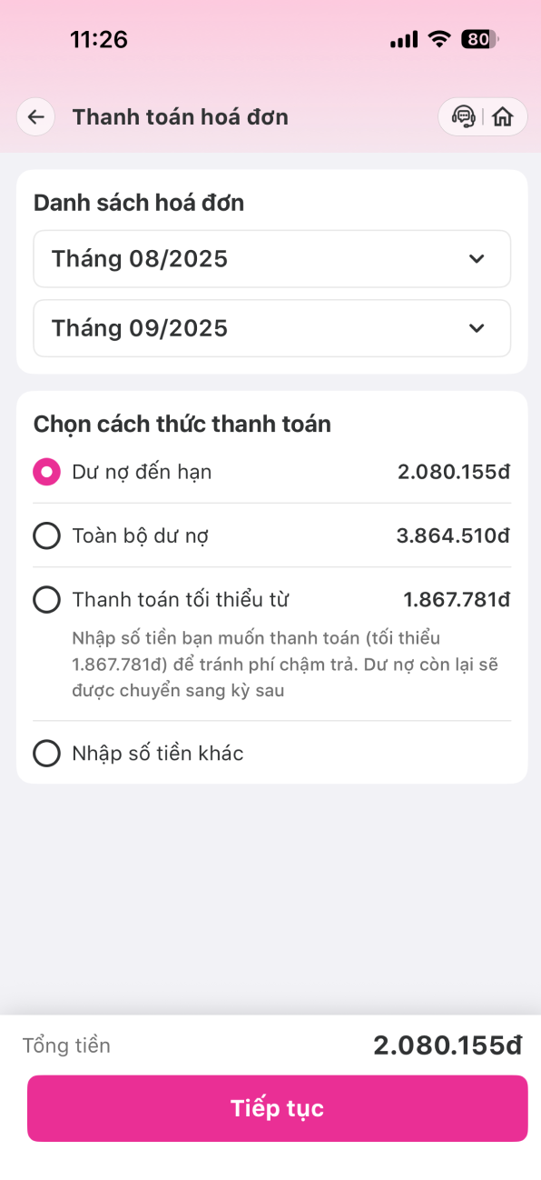 Thanh toán dư nợ Ví Trả Sau bước 2