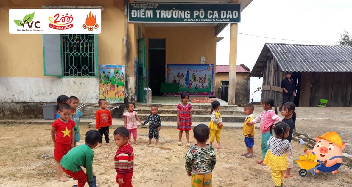 Góp Heo Vàng xây thêm phòng học điểm trường mầm non thôn Pô Ca Dao, tỉnh Điện Biên để các bé không phải học trong nhà gỗ ghép lụp xụp, không an toàn.