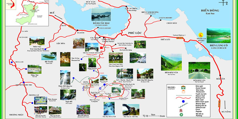 Sơ đồ tham quan Vườn quốc gia Bạch Mã với diện tích rộng lớn.