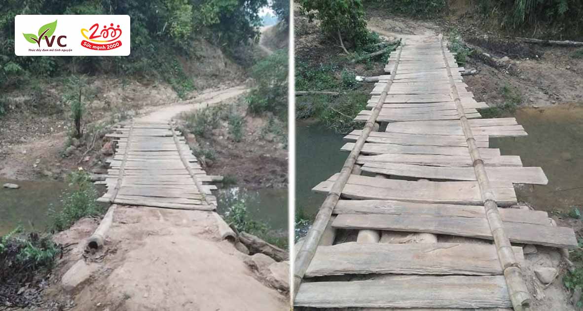 Cận cảnh cây cầu bản Nậm Chua 2 được người dân dựng tạm bằng gỗ ọp ẹp