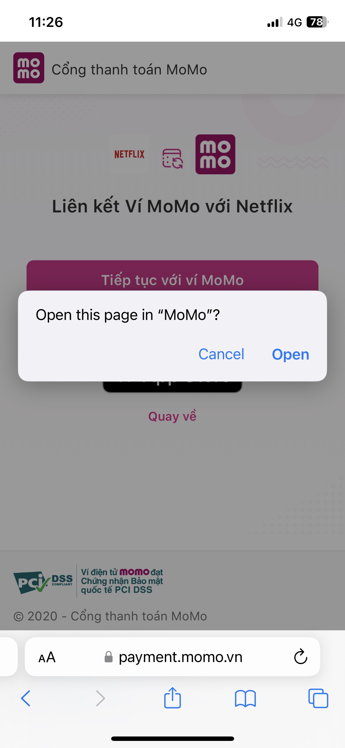 Bước 6: Cho phép mở MoMo để tiến hành liên kết.