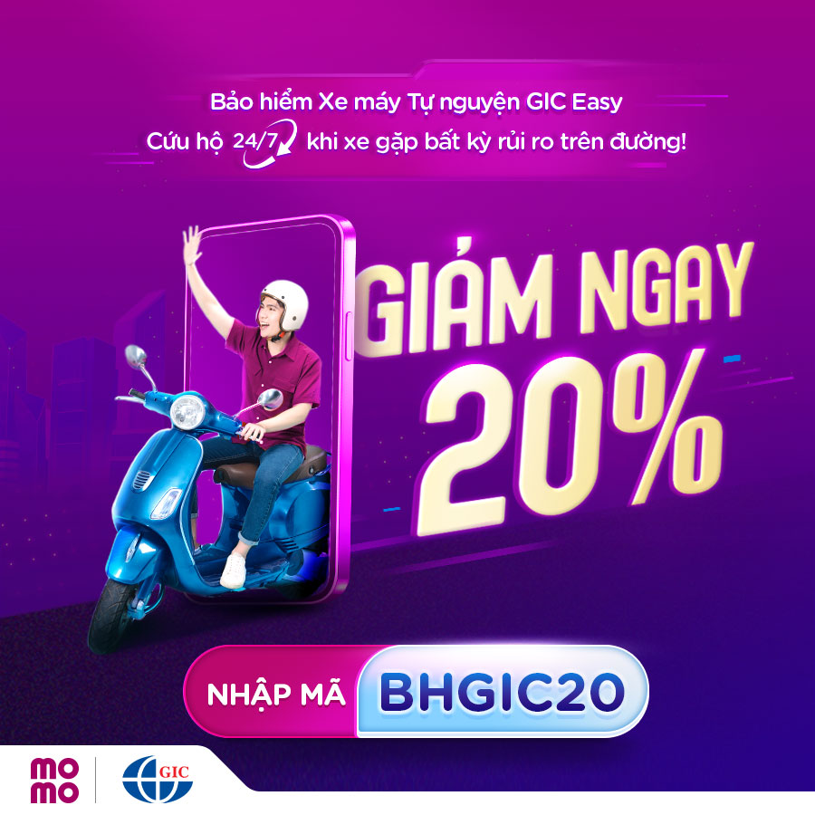 MoMo tặng món quà bảo vệ: Nhập mã “BHGIC20”, hoàn tiền 20% khi mua bảo hiểm xe máy GIC!