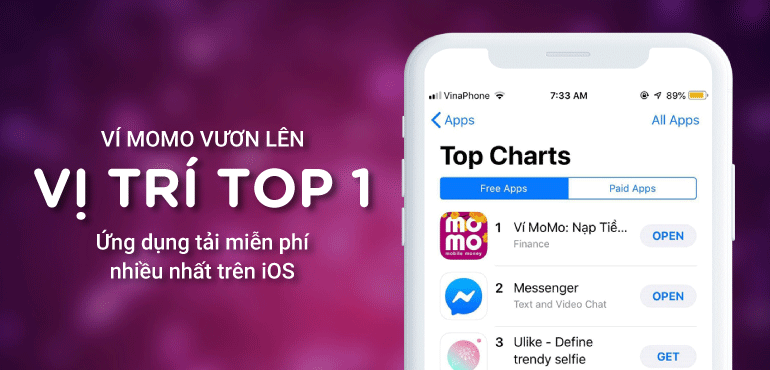 Ví momo đạt vị trí top 1 hạng mục ứng dụng miễn phí trên iOS