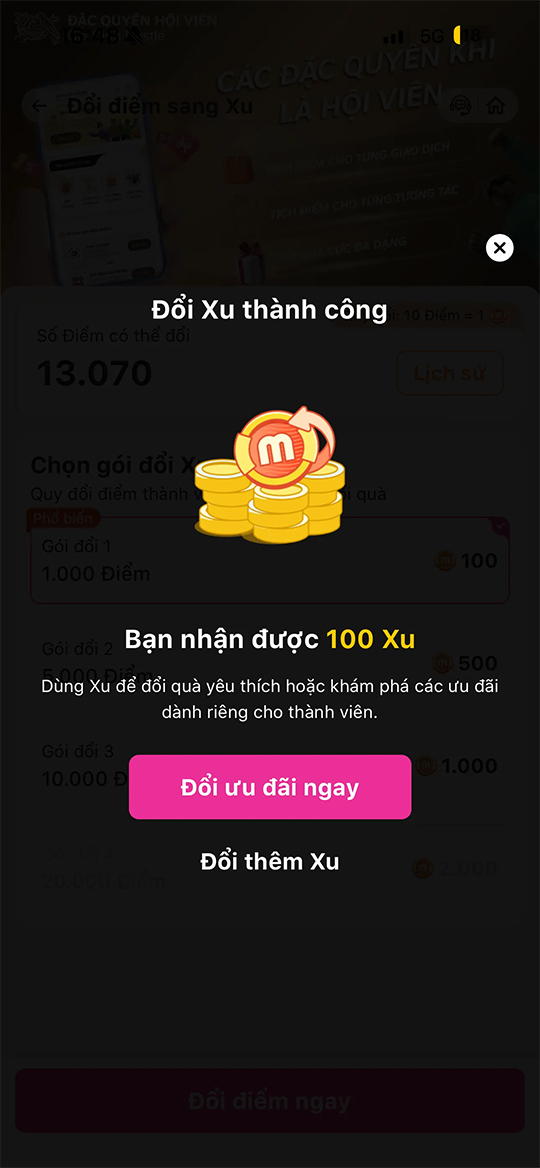 Hướng dẫn đổi điểm thưởng thành Xu trên MoMo: