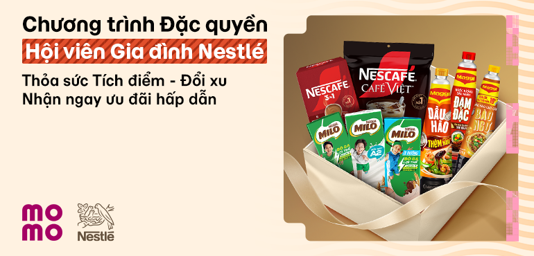 Mua sắm Nestlé trên MoMo: Tích điểm đổi Xu và nhận thẻ quà cực hời.