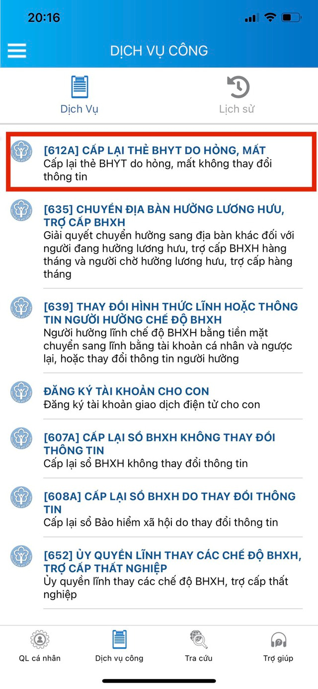 Chọn thủ tục "Cấp lại thẻ BHYT do hỏng, mất"