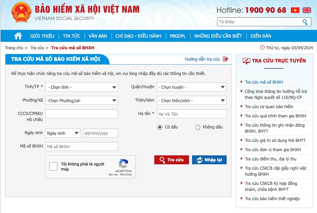 Giao diện và các thông tin cần nhập để tra cứu bảo hiểm y tế bằng CCCD trên website BHXH Việt Nam