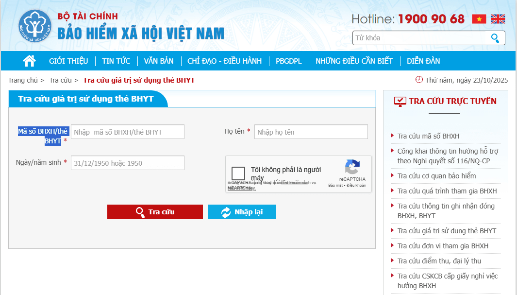 Nhập đầy đủ và chính xác thông tin chủ thẻ BHYT cần tra cứu giá trị sử dụng thẻ