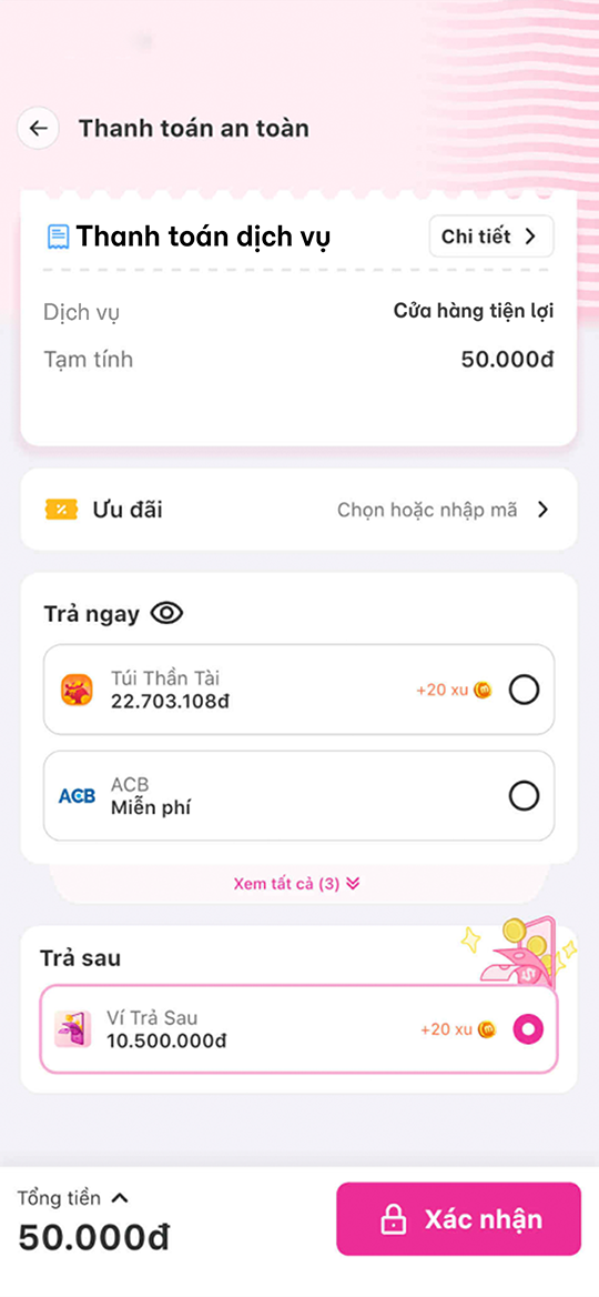 Chọn nguồn tiền Ví Trả Sau