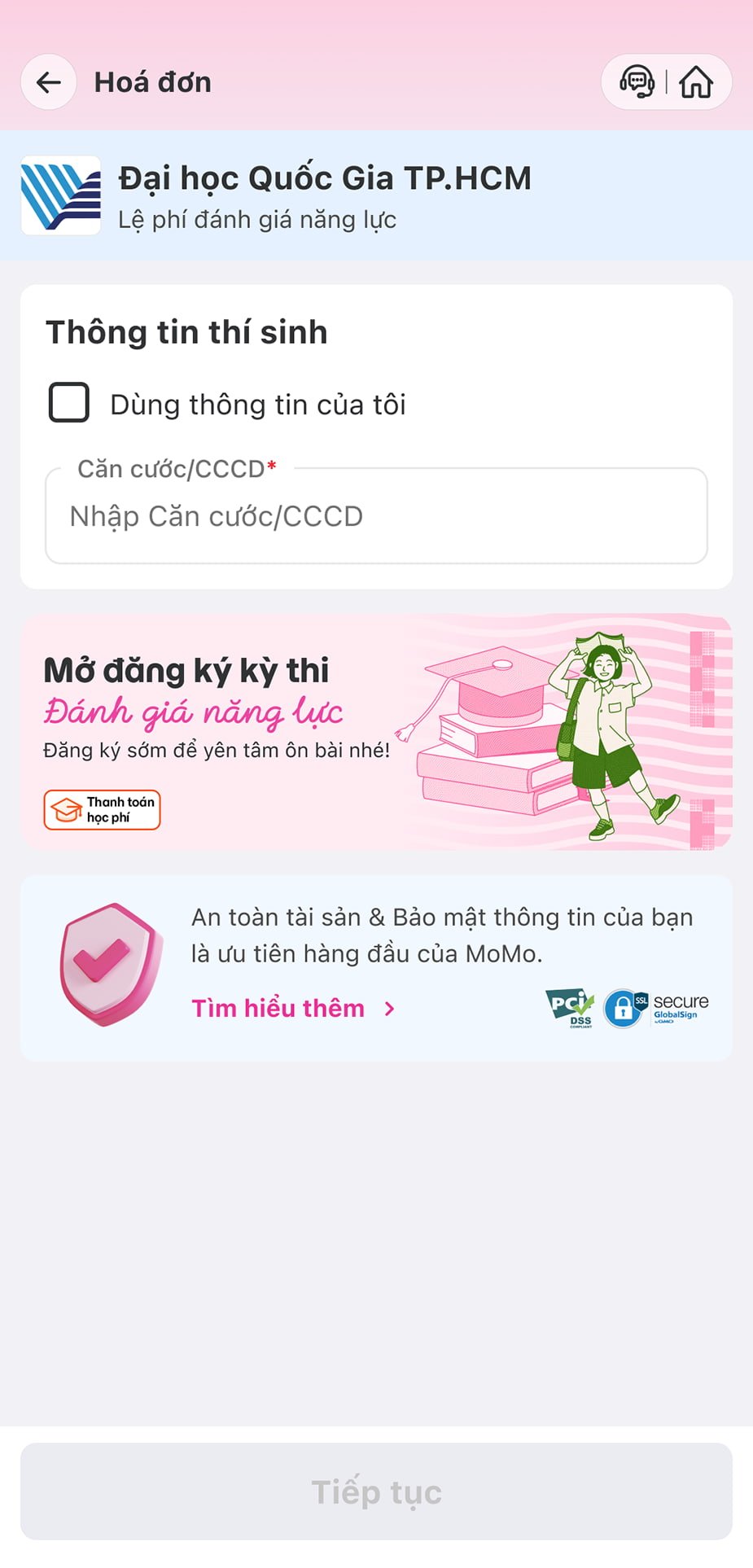 Nhập số CCCD để tra cứu khoản phí. Hoặc nhấn “Dùng thông tin của tôi” để tự động nhập số CCCD. 