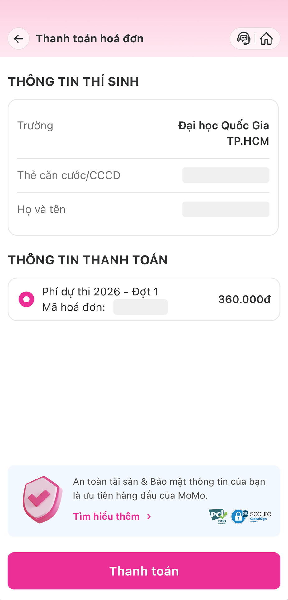Kiểm tra thông tin của Khoản phí cần đóng và chọn “Thanh toán”