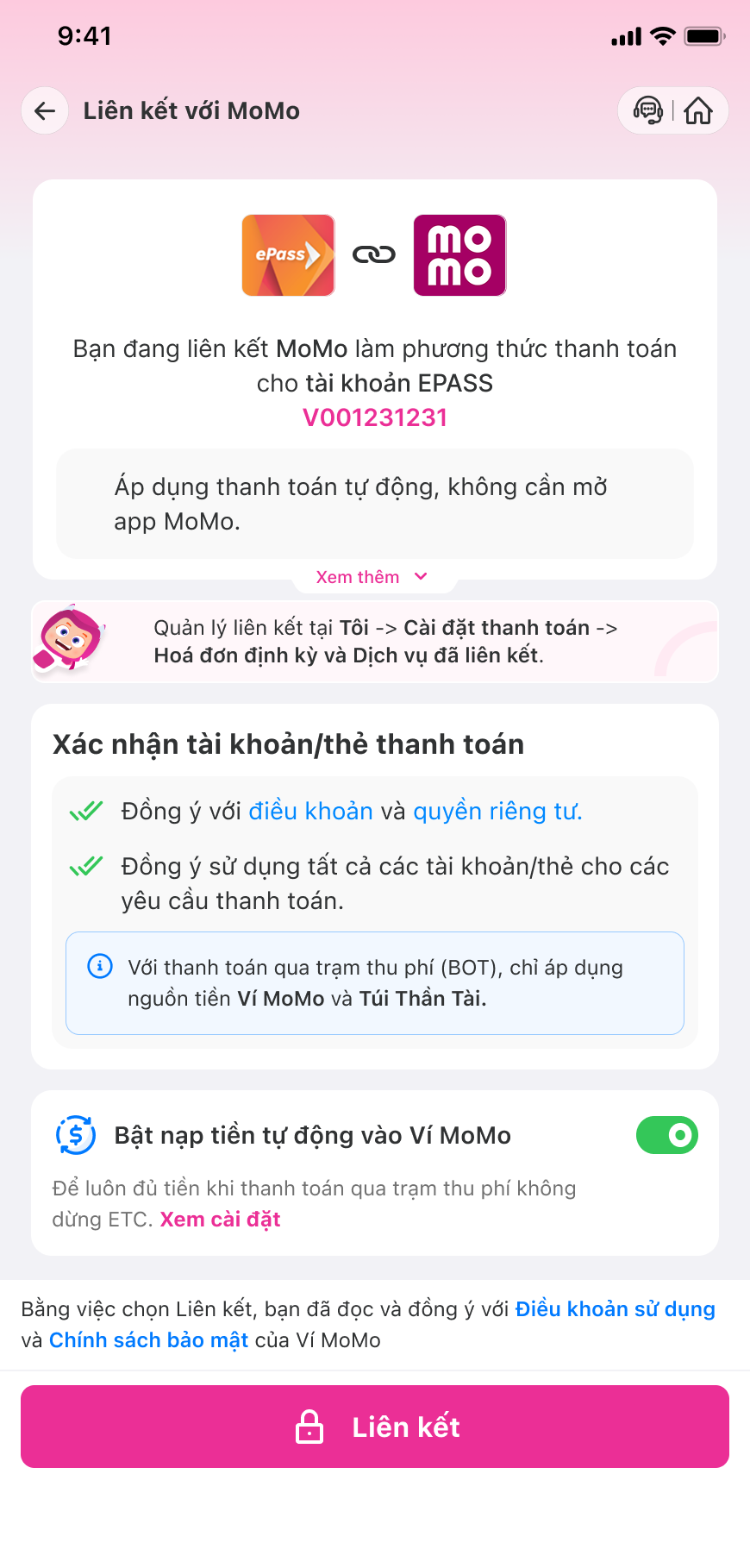 Kiểm tra và xác nhận liên kết tài khoản/ thẻ thanh toán ePass với MoMo