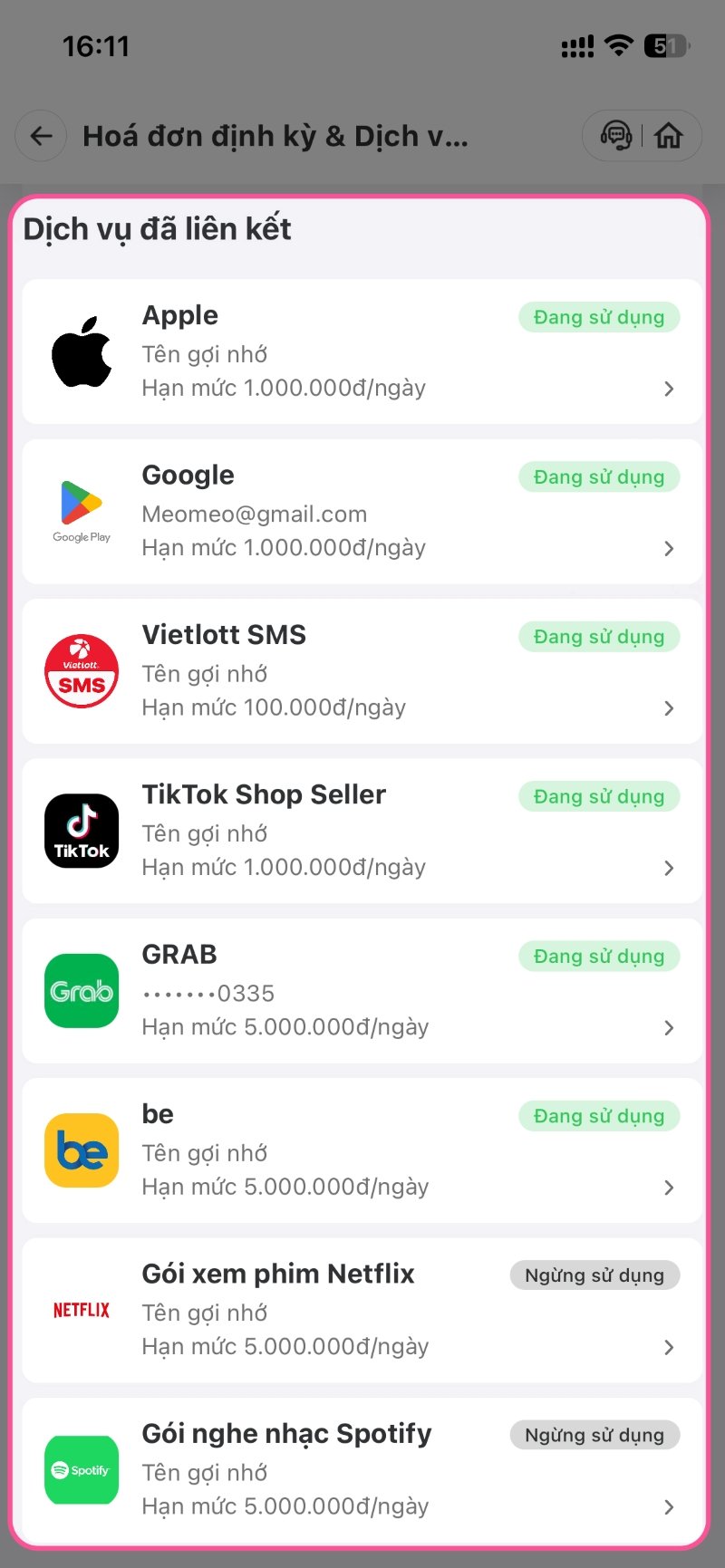 Để kiểm tra chi tiết mỗi dịch vụ, bấm chọn icon dịch vụ tương ứng