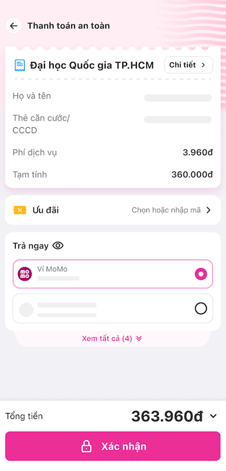 Kiểm tra thông tin. Chọn nguồn tiền có đủ số dư và bấm “Xác nhận”