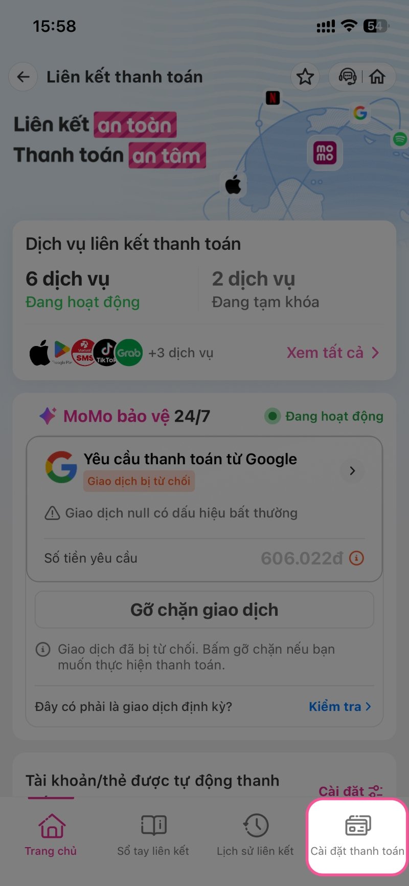 Để kiểm tra nguồn tiền thanh toán, Tại trang chủ Liên Kết Thanh Toán >> Chọn "Cài đặt thanh toán"