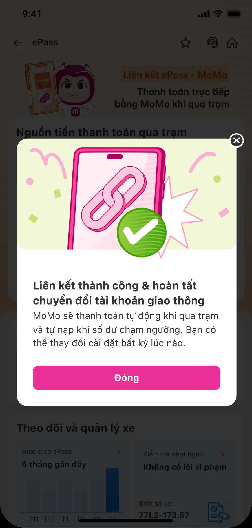 <p>Thành công liên kết &amp; hoàn tất chuyển đổi tài khoản giao thông</p>