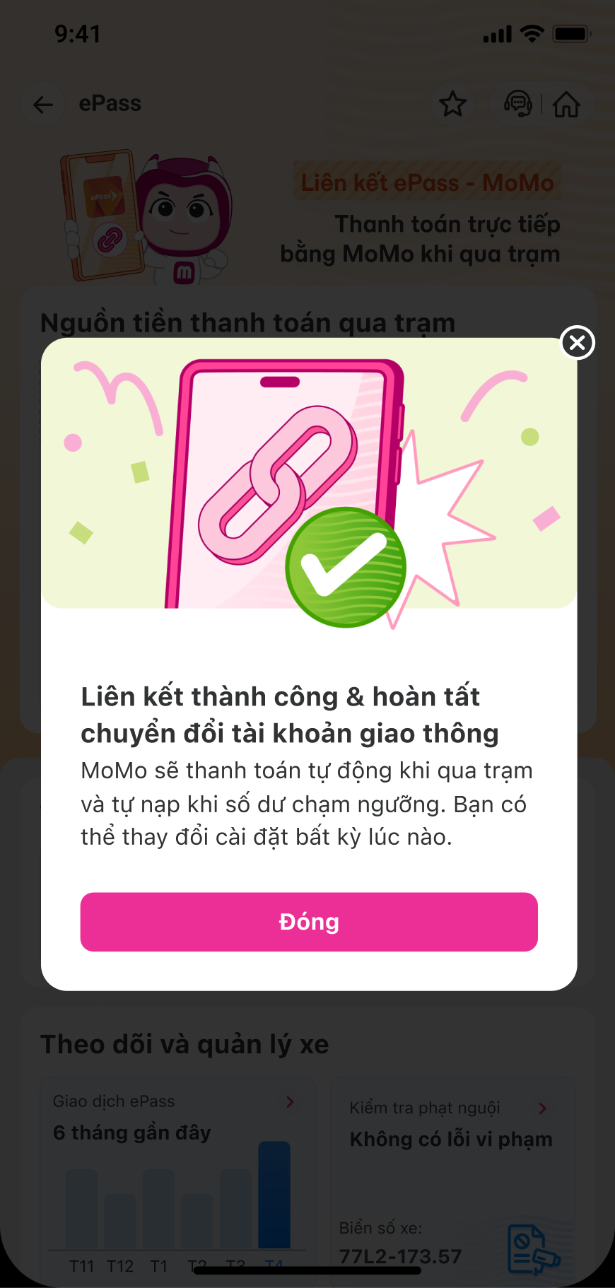 Thành công liên kết & hoàn tất chuyển đổi tài khoản giao thông
