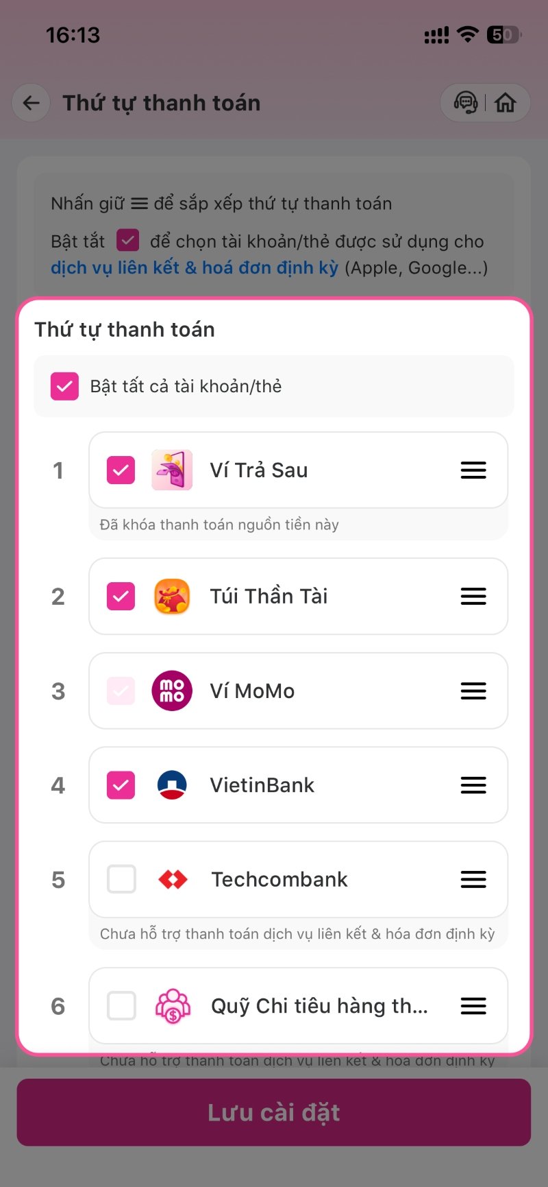 Chọn 1 hoặc nhiều tài khoản / thẻ bạn muốn dùng để thanh toán cho các dịch vụ liên kết Nếu muốn chọn tất cả thì chỉ cần Bấm tích Bật tất cả tài khoản/ thẻ
