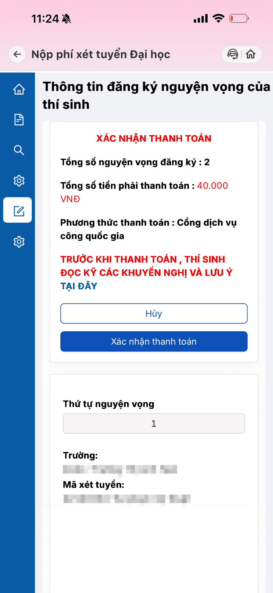 <p><strong>Kiểm tra nguyện vọng trong phần “Đăng ký thông tin xét tuyển sinh”;</strong></p>