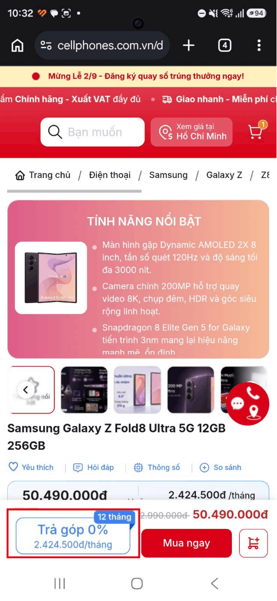 Tại trang mua hàng đối tác Samsung
