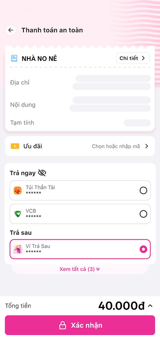 <p>Chọn nguồn tiền “Ví Trả Sau”.</p>