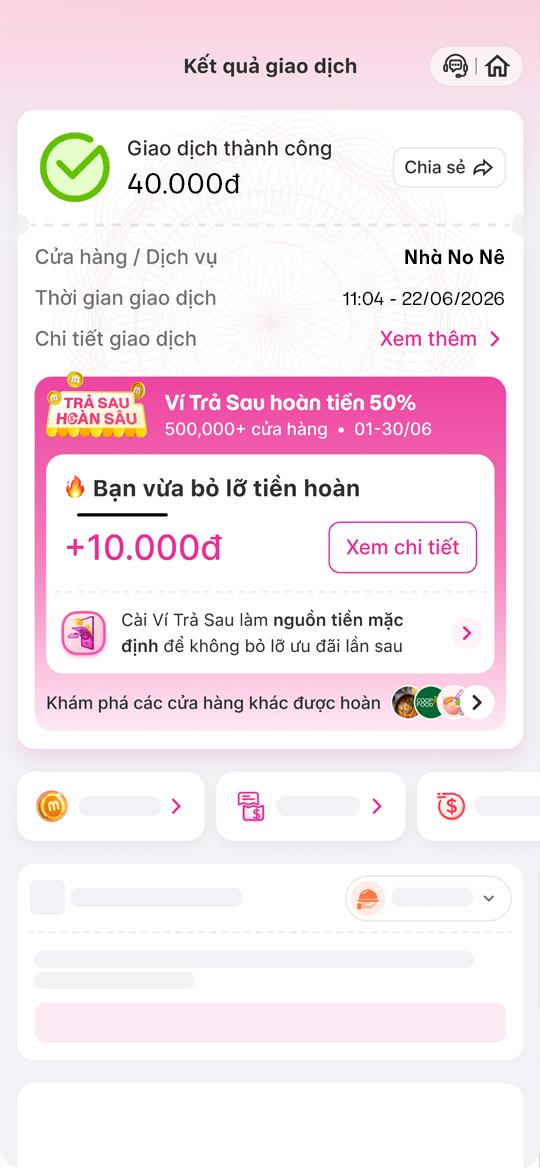 <p>Sau khi giao dịch thành công, tiền sẽ được hoàn về Sổ Tay Hoàn Tiền.</p>