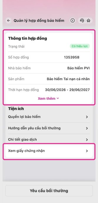 Thông tin cá nhân và Giấy chứng nhận Bảo hiểm Tai nạn Cá nhân của bạn sẽ hiện tại đây.