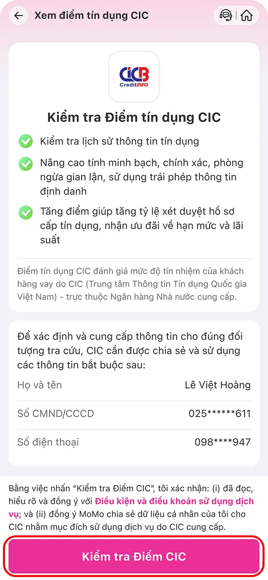 <p><strong>Bấm “Kiểm tra Điểm CIC”</strong></p>