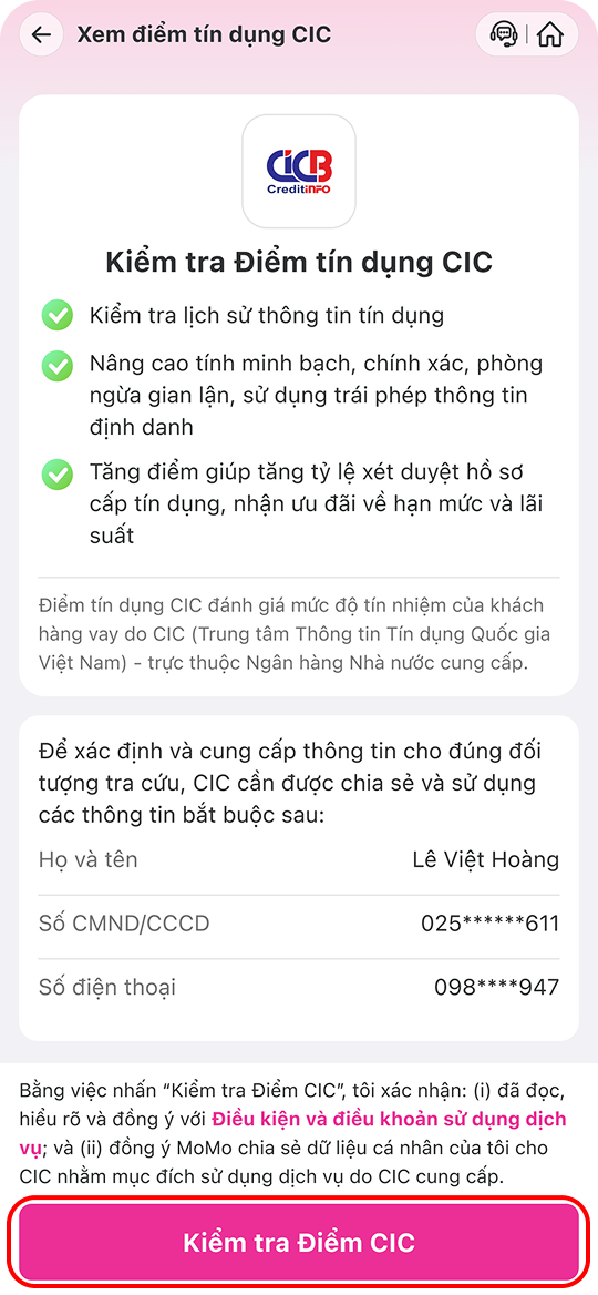 Bấm “Kiểm tra Điểm CIC”