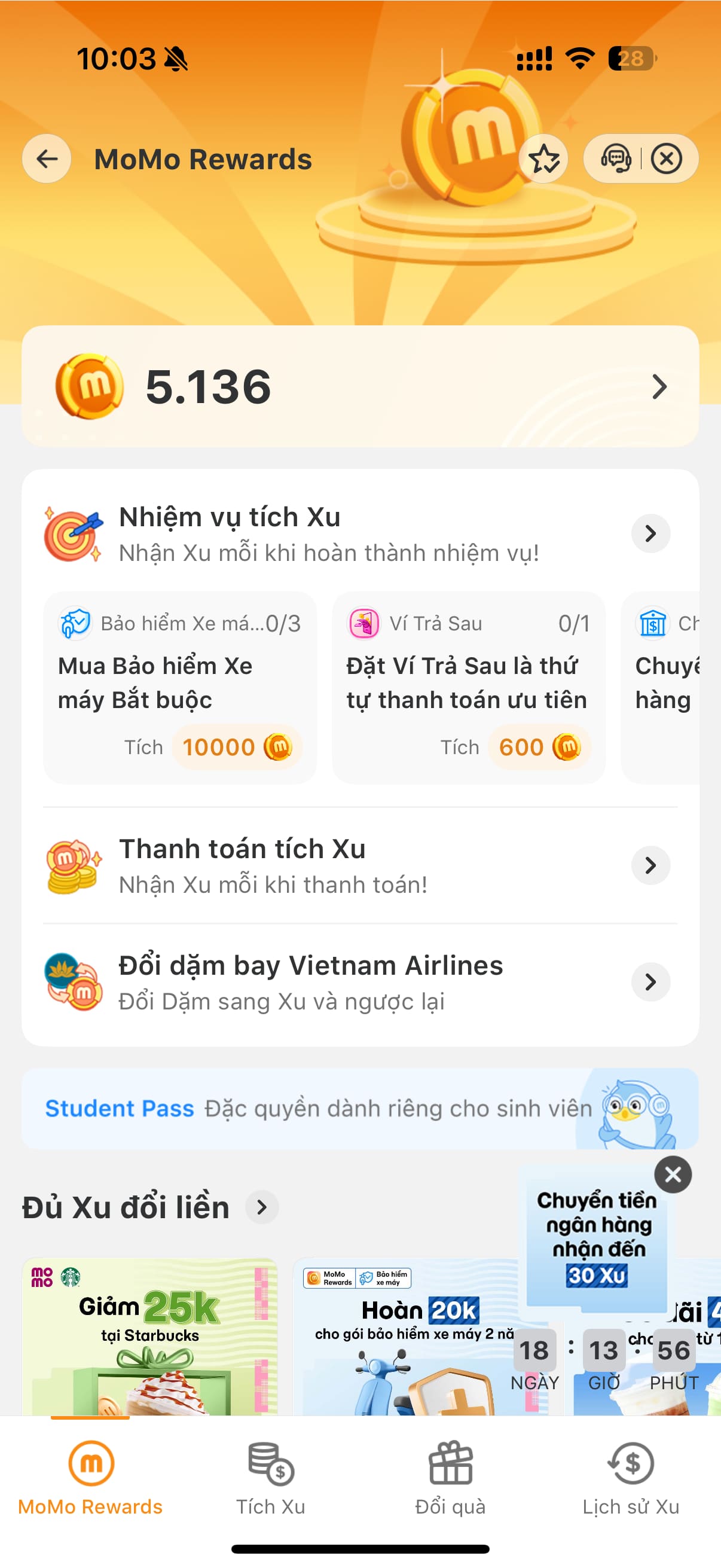 Tại màn hình chính của MoMo Xu, nhấn mục “Đổi quà”;