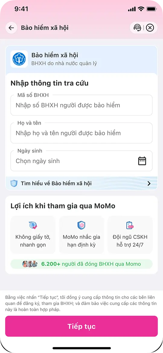 <p><strong>Bước 2</strong></p><p>Nhập thông tin BHXH của bạn bao gồm: Mã số BHXH, Họ và tên & Ngày sinh. Sau đó, nhấn Tiếp tục.</p>