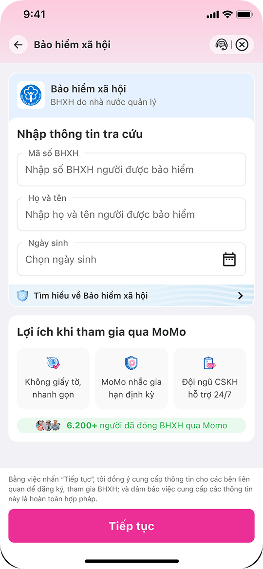 Nhập thông tin BHXH của bạn bao gồm: Mã số BHXH, Họ và tên & Ngày sinh. Sau đó, nhấn Tiếp tục.