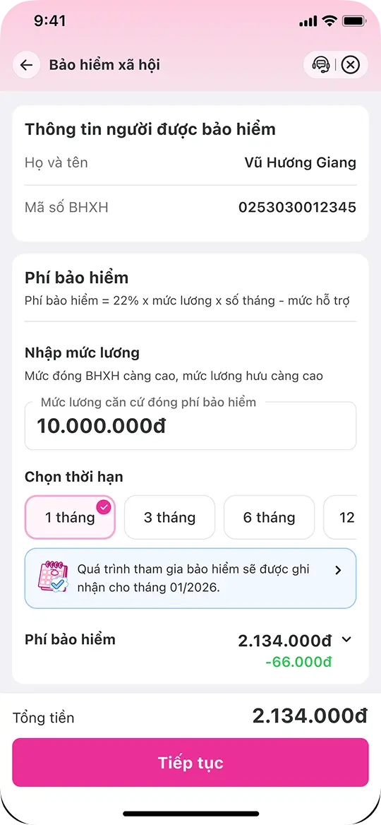 <p><strong>Bước 3</strong></p><p>Nhập mức lương căn cứ đóng phí bảo hiểm (số tiền bạn tùy chọn dựa trên thu nhập của mình), sau đó chọn thời hạn đóng và ấn Tiếp tục</p>