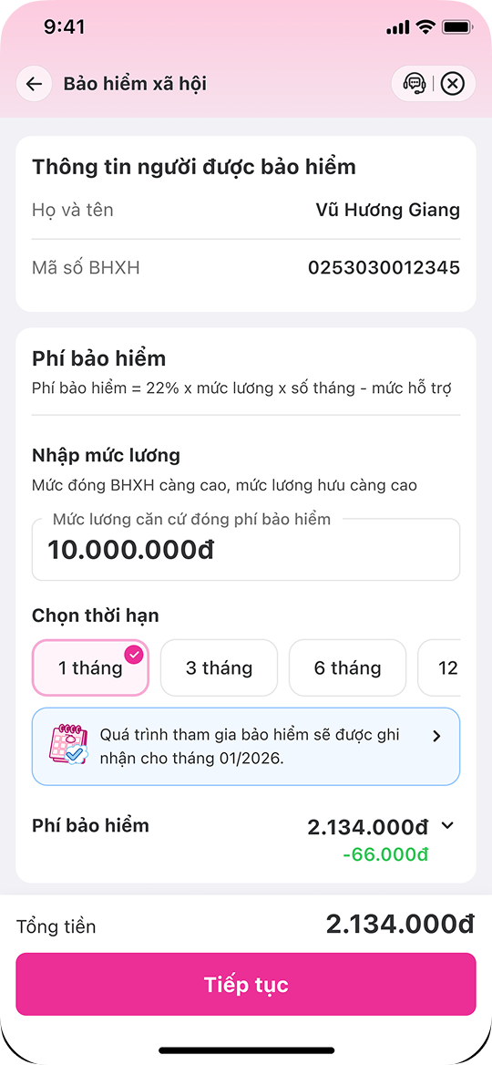Nhập mức lương căn cứ đóng phí bảo hiểm (số tiền bạn tùy chọn dựa trên thu nhập của mình), sau đó chọn thời hạn đóng và ấn Tiếp tục