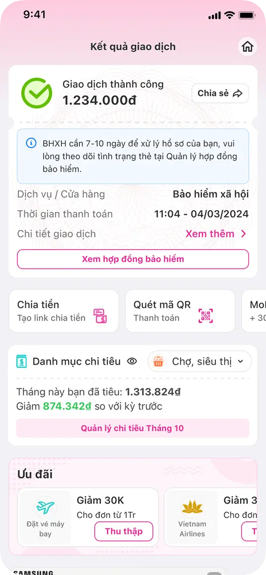 <p><strong>Bước 5 </strong></p><p>Sau khi thanh toán thành công, vui lòng đợi 7-10 để BHXHVN xử lý hồ sơ của bạn, MoMo sẽ thông báo ngay khi có kết quả.</p>