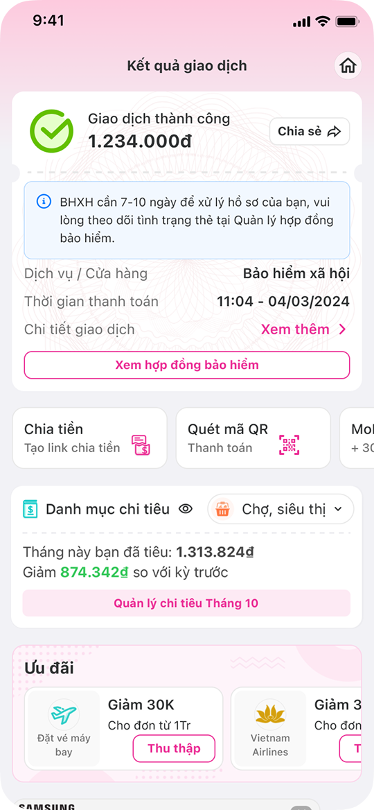 Sau khi thanh toán thành công, vui lòng đợi 7-10 để BHXHVN xử lý hồ sơ của bạn, MoMo sẽ thông báo ngay khi có kết quả.