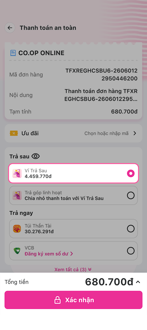 Bước 2: Lựa chọn Ví Trả Sau là phương thức thanh toán tại màn hình Thanh Toán An Toàn.
