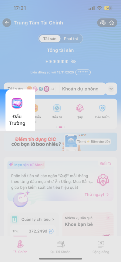 Tại màn hình Trung Tâm Tài Chính, chọn “Đấu Trường MoMo”