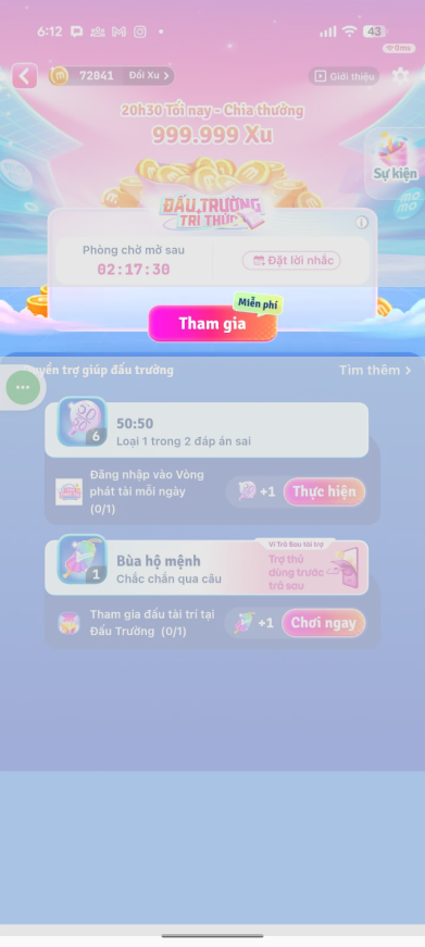 Tại “Đấu Trường MoMo”, chọn “Tham gia” hoặc chọn “Đặt lời nhắc” để không bỏ lỡ cơ hội thi tài.