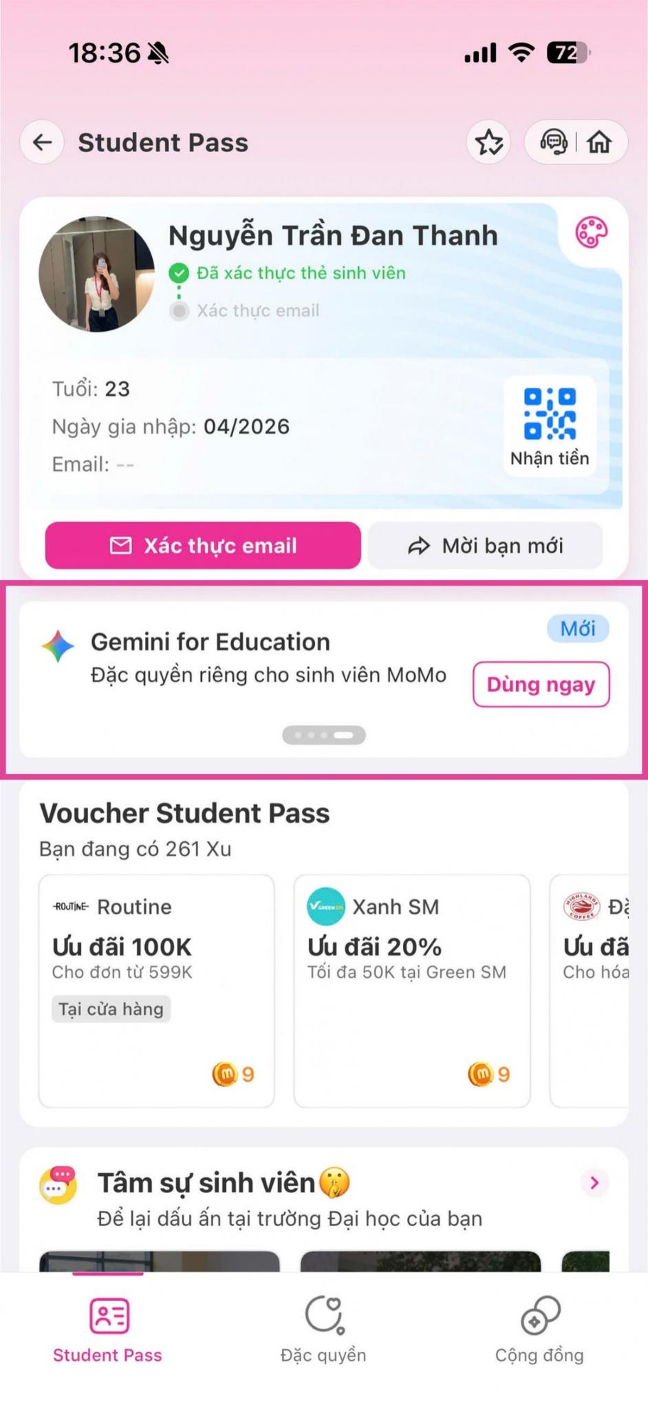 <p>Chọn Gói Gemini Edu tại màn hình Student Pass > Bấm “Đổi gói” để xem điều kiện của chương trình;</p>