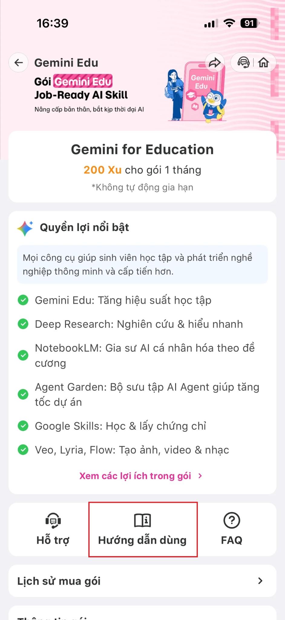 <p>Bấm vào "Hướng dẫn dùng" để đọc chi tiết về cách đăng nhập gói Gemini Edu;</p>