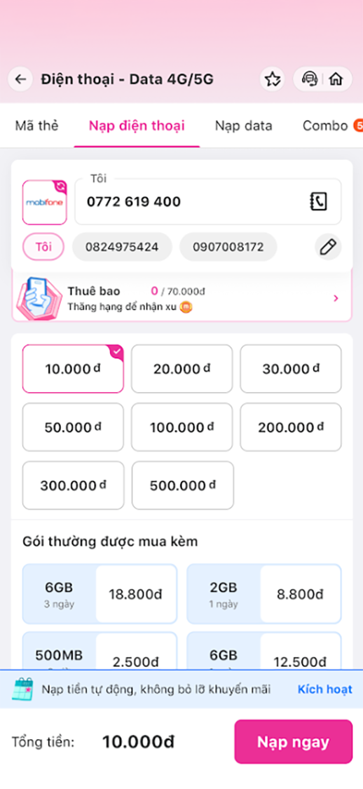 Bước 1: Mở Ứng dụng MoMo, tìm và chọn mục "Nạp tiền điện thoại"