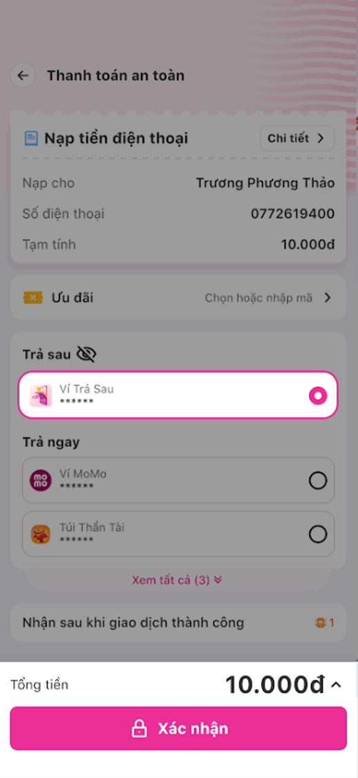 Bước 2: Ở bước thanh toán an toàn, chọn nguồn tiền Ví Trả Sau