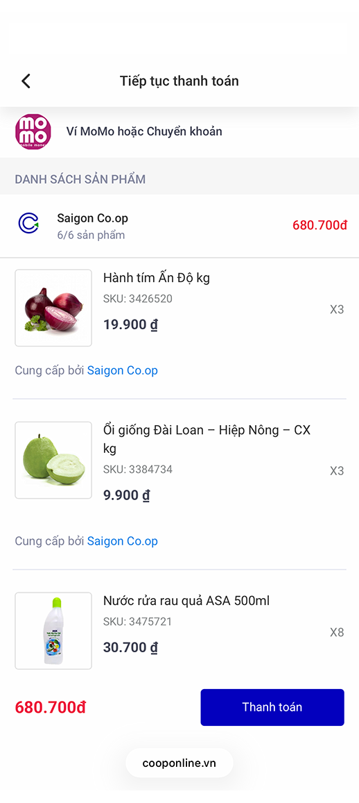 Thanh toán trên website siêu thị bằng Ví Trả Sau
